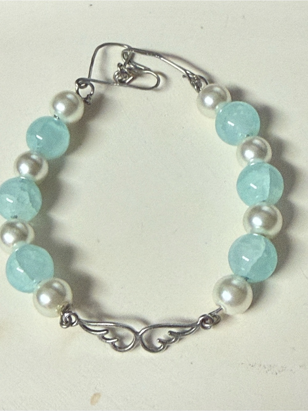 Aqua Bead and Pearl Bracelet with Silver Wing Accent